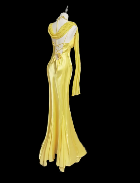 Ornate Halter Neck Yellow Prom Dress Lace Mermaid Formal Dress GG6893