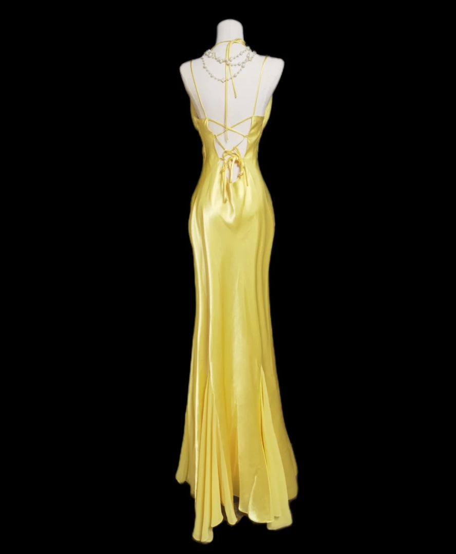 Ornate Halter Neck Yellow Prom Dress Lace Mermaid Formal Dress GG6893