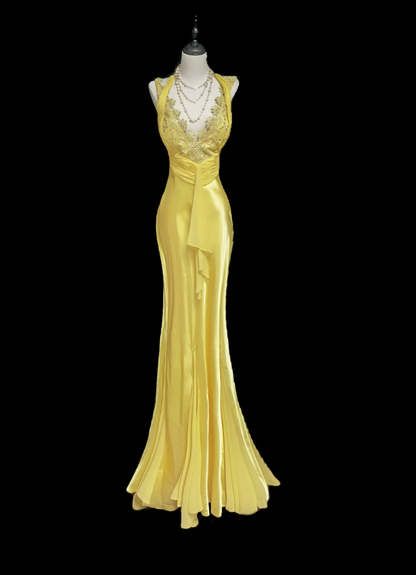 Ornate Halter Neck Yellow Prom Dress Lace Mermaid Formal Dress GG6893