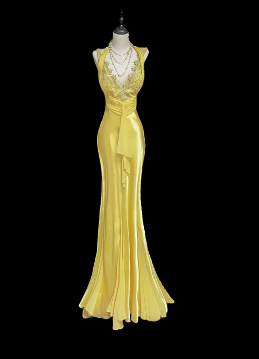 Ornate Halter Neck Yellow Prom Dress Lace Mermaid Formal Dress GG6893