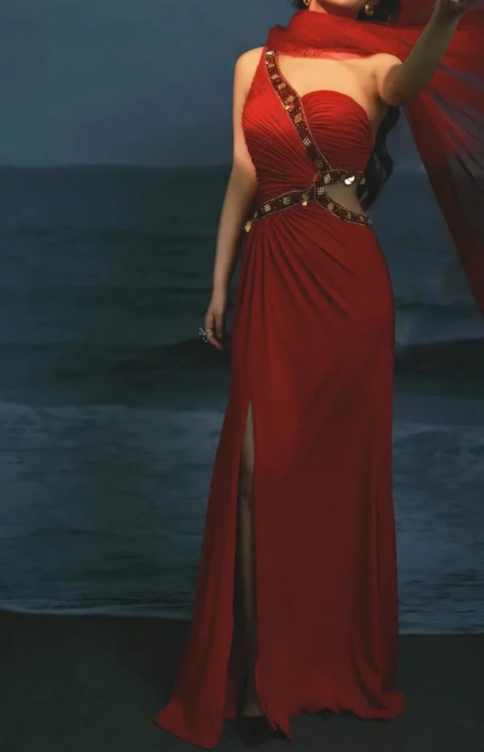 Trendy One Shoulder Red Prom Dress Beaded Slit Mermaid Formal Dress GG6894