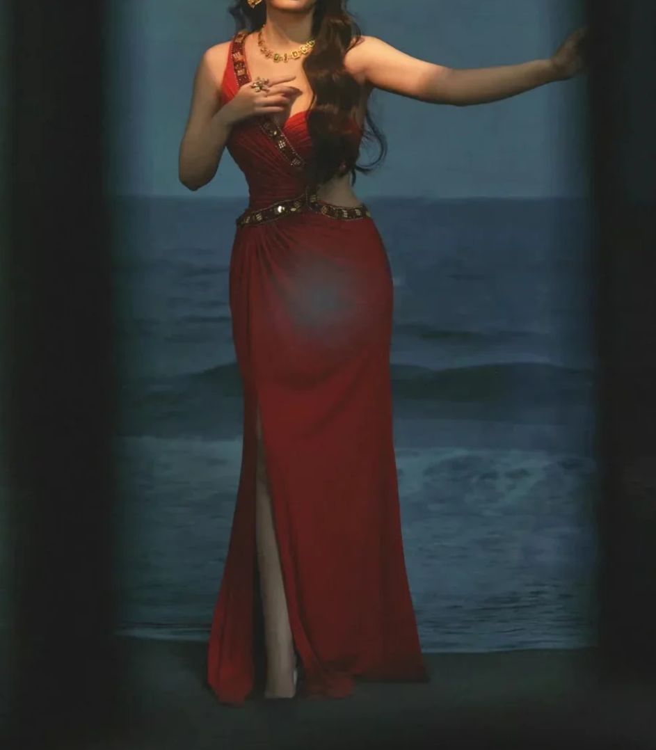 Trendy One Shoulder Red Prom Dress Beaded Slit Mermaid Formal Dress GG6894
