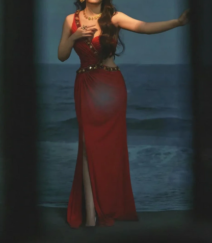 Trendy One Shoulder Red Prom Dress Beaded Slit Mermaid Formal Dress GG6894