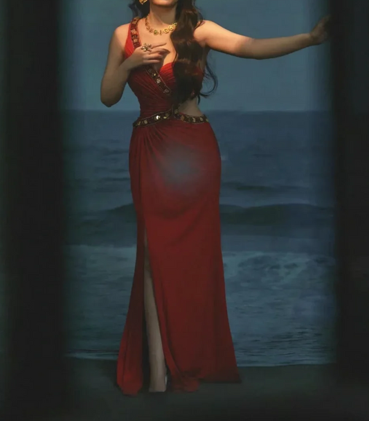 Trendy One Shoulder Red Prom Dress Beaded Slit Mermaid Formal Dress GG6894