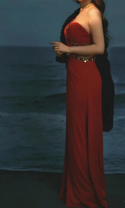 Trendy One Shoulder Red Prom Dress Beaded Slit Mermaid Formal Dress GG6894
