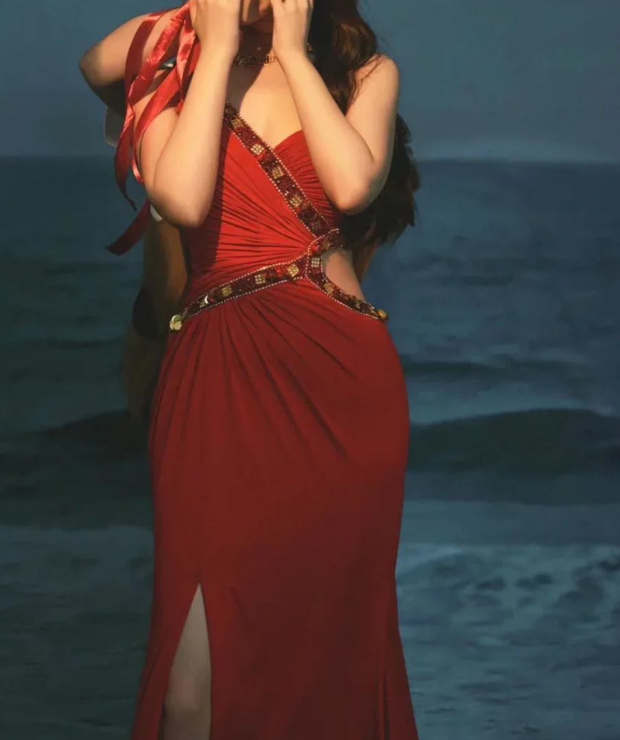 Trendy One Shoulder Red Prom Dress Beaded Slit Mermaid Formal Dress GG6894