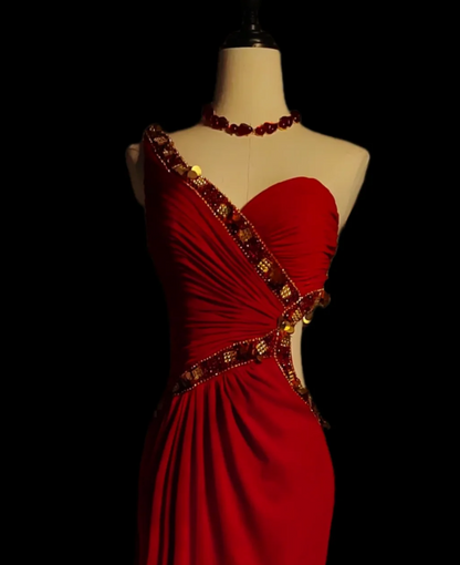 Trendy One Shoulder Red Prom Dress Beaded Slit Mermaid Formal Dress GG6894