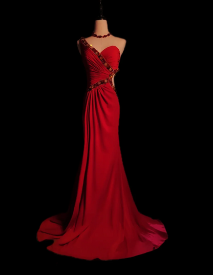 Trendy One Shoulder Red Prom Dress Beaded Slit Mermaid Formal Dress GG6894