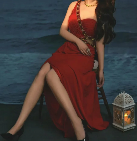 Trendy One Shoulder Red Prom Dress Beaded Slit Mermaid Formal Dress GG6894