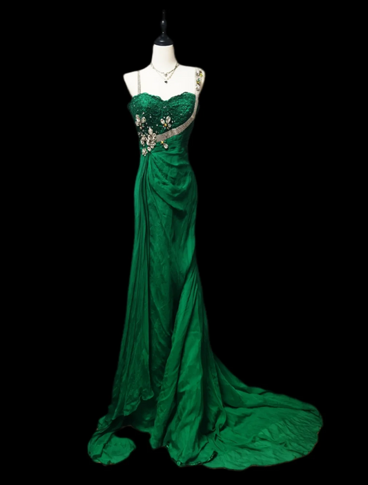 Lovely Spaghetti Straps Green Prom Dress Crystals Mermaid Formal Dress GG6895