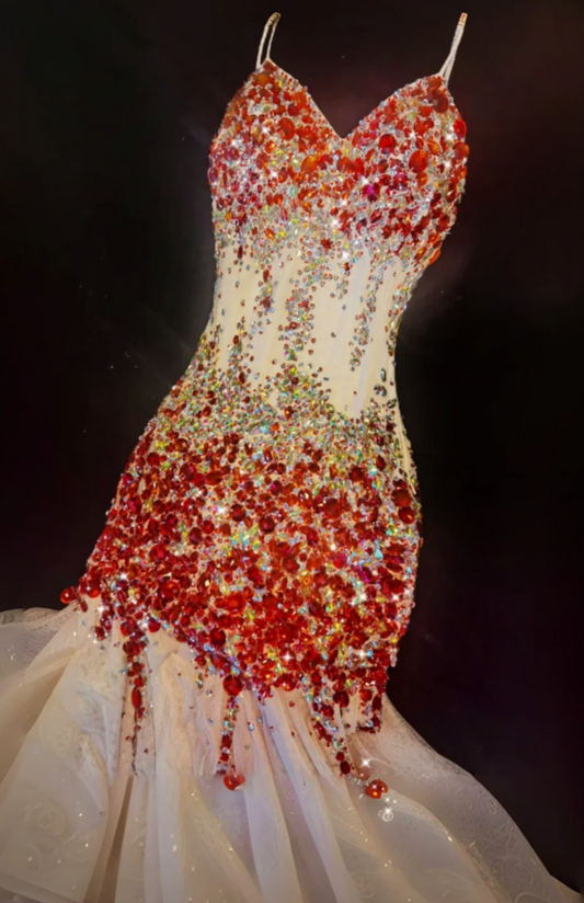 Vibrant Spaghetti Straps Prom Dress Rhinestones Tiered Mermaid Formal Dress GG6896