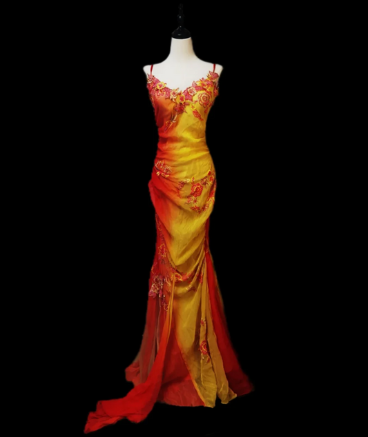 Romantic Spaghetti Straps Prom Dress Orange Appliques Mermaid Formal Dress GG6897