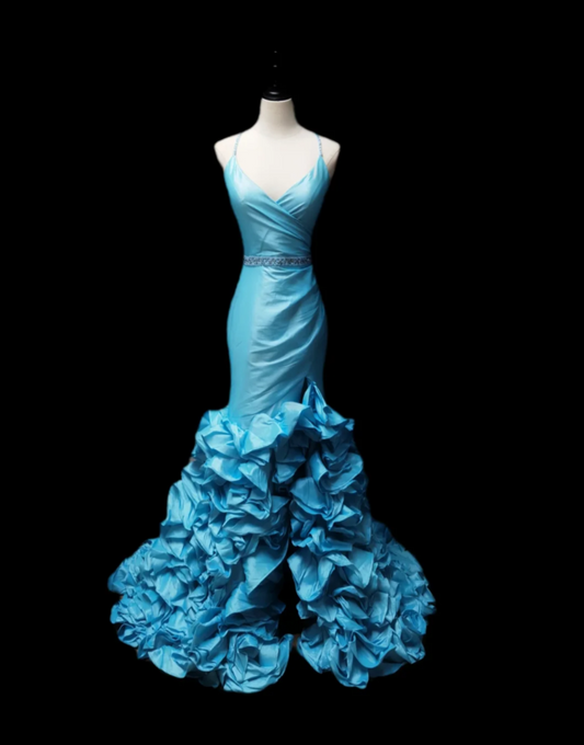 Unique Spaghetti Straps Blue Prom Dress Beading Ruffled Mermaid Formal Dress GG6899