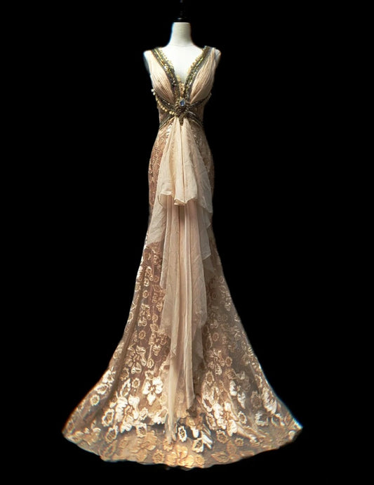 Gorgeous V Neck Beige Prom Dress Crystals Appliques Mermaid Formal Dress GG6902