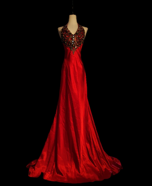 Trendy Halter Neck Red Prom Dress Crystals Beading Mermaid Formal Dress GG6903