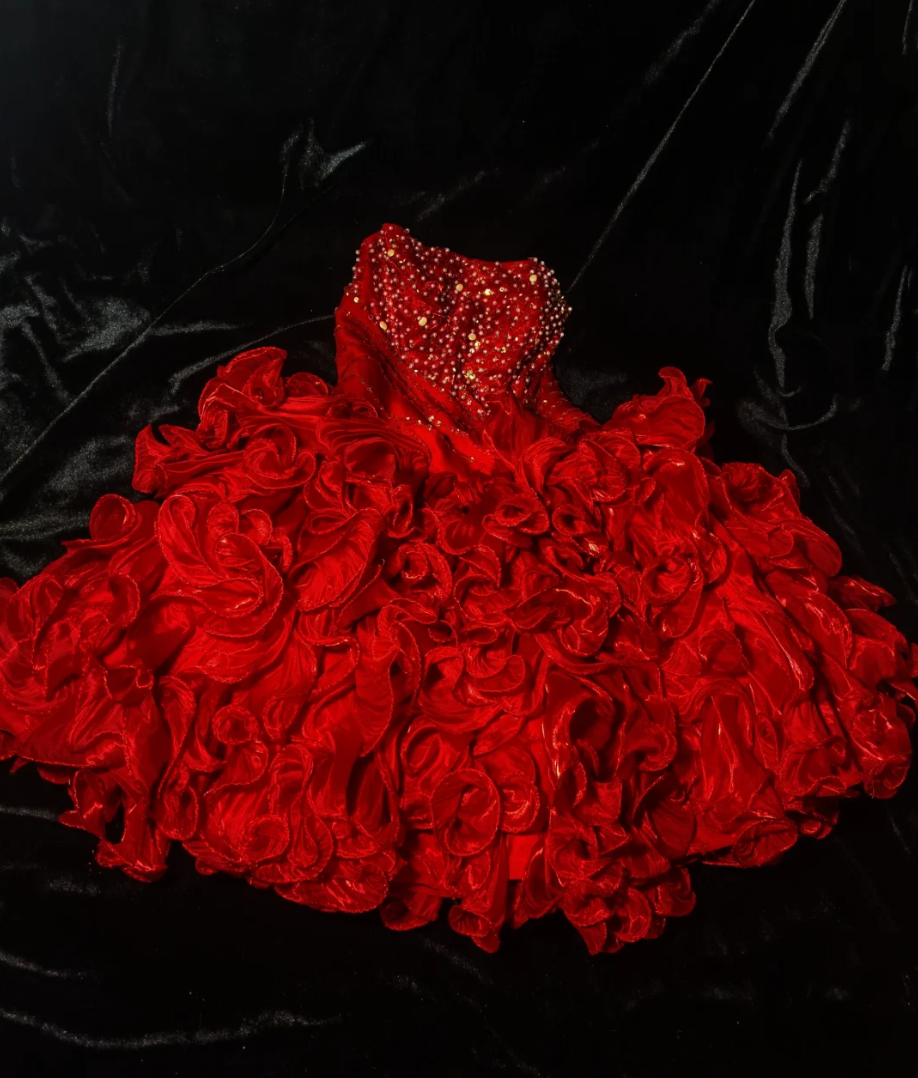 Glam Strapless Red Homecoming Dress Ruffles Beaded A-Line Birthday Dress GG6904
