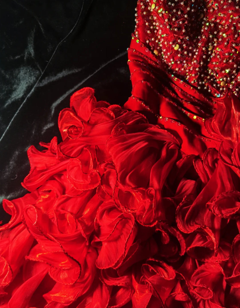 Glam Strapless Red Homecoming Dress Ruffles Beaded A-Line Birthday Dress GG6904