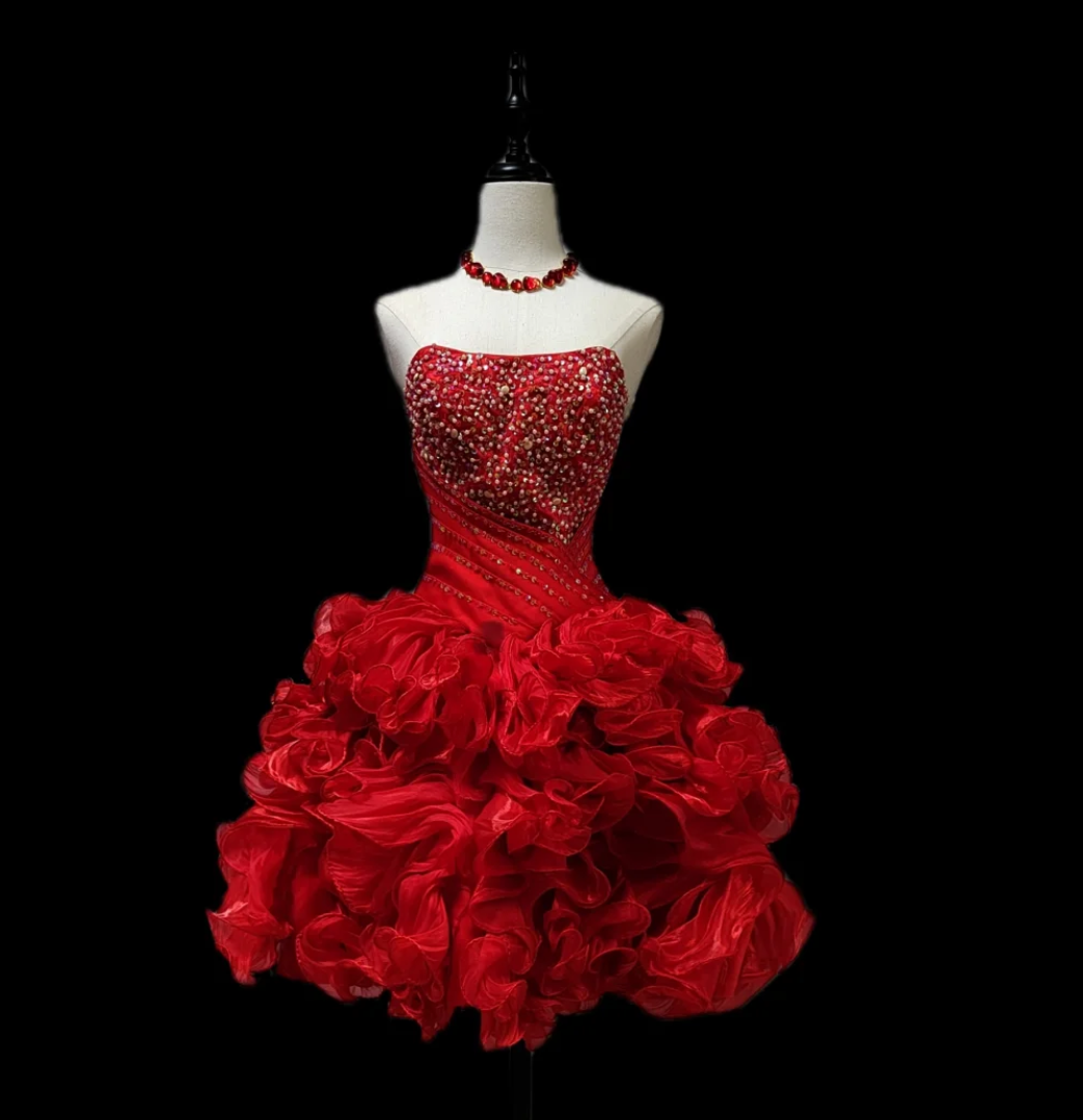 Glam Strapless Red Homecoming Dress Ruffles Beaded A-Line Birthday Dress GG6904