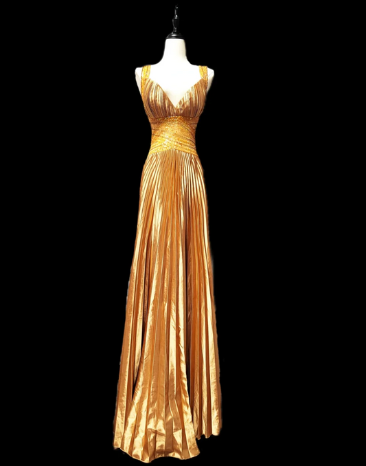 Chic Spaghetti Straps Yellow Prom Dress Sequins Pleated A-Line Formal Dress GG6905