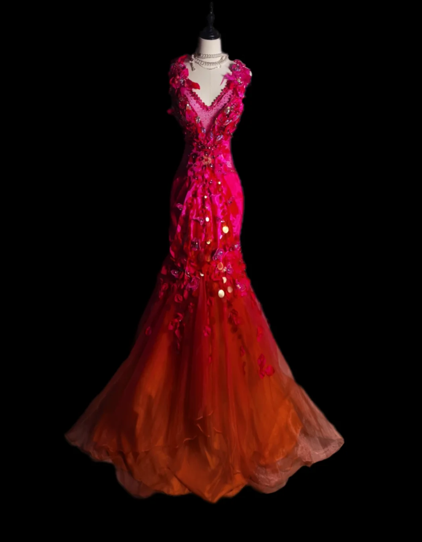 Alluring V Neck Pink Prom Dress Rhinestones Appliques Mermaid Formal Dress GG6906