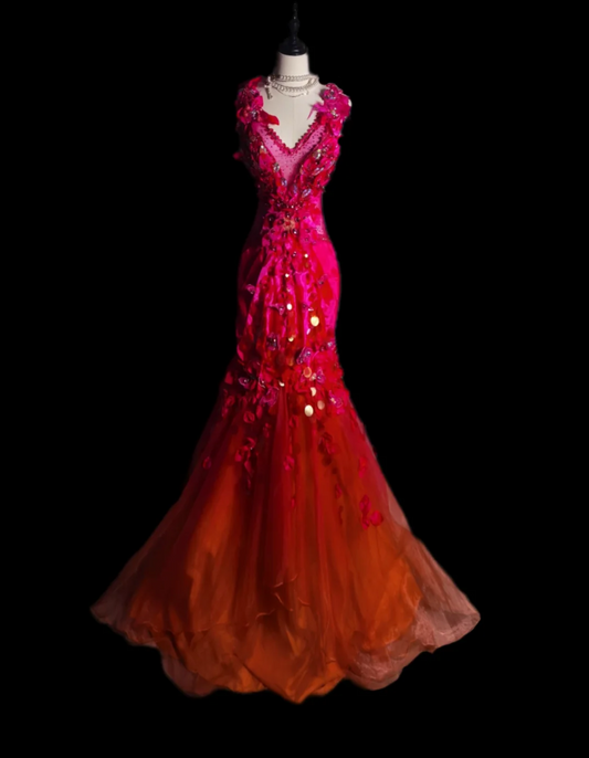Alluring V Neck Pink Prom Dress Rhinestones Appliques Mermaid Formal Dress GG6906