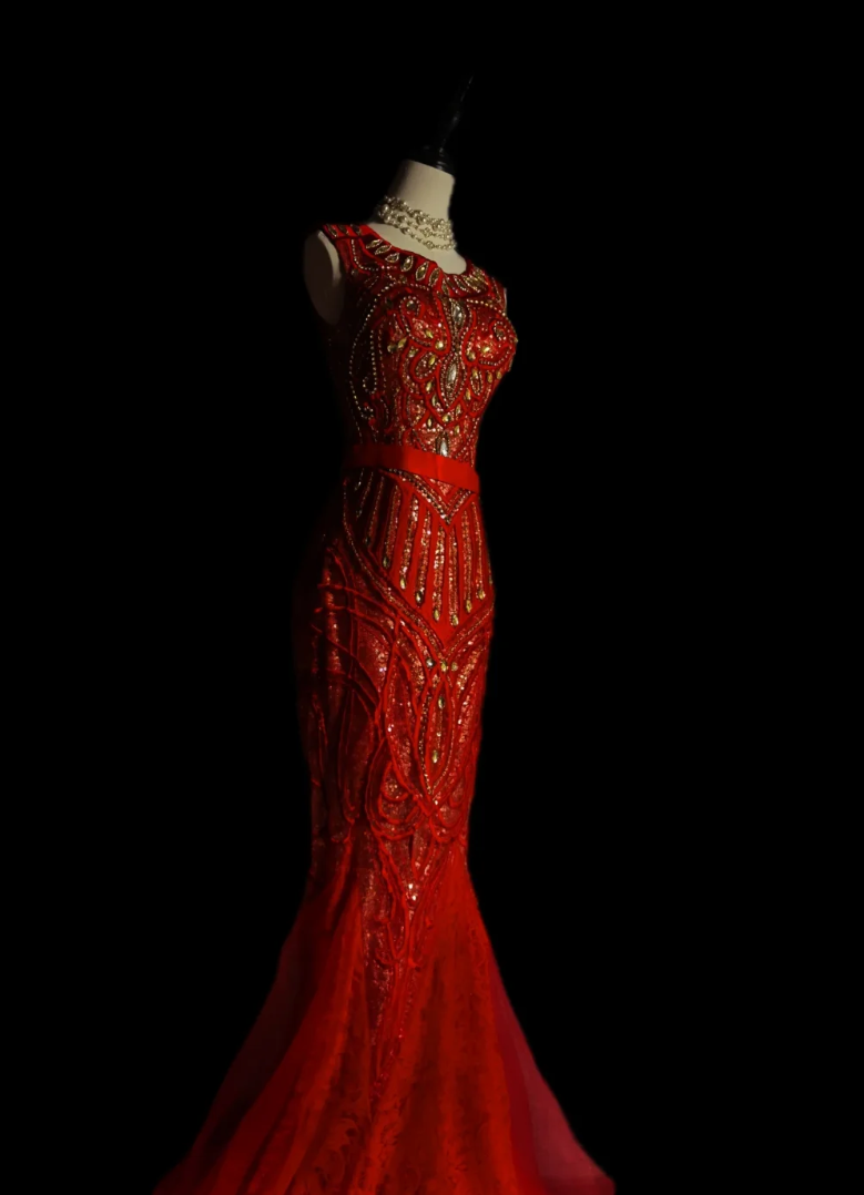Charming Jewel Neck Red Prom Dress Rhinestones Mermaid Formal Dress GG6907