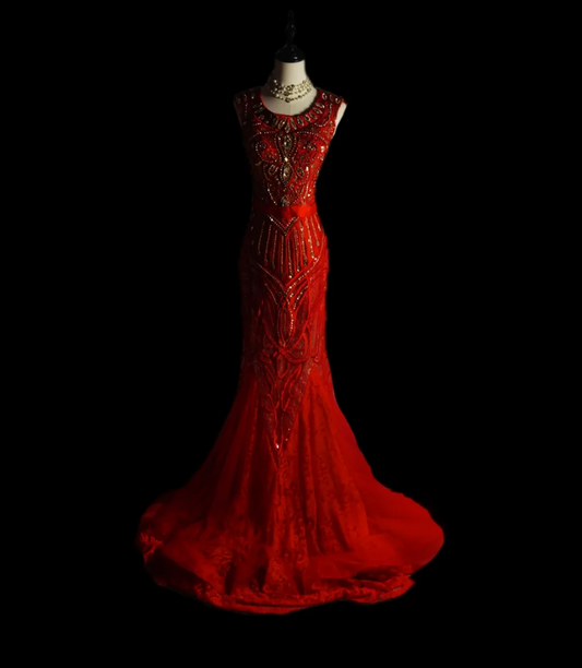 Charming Jewel Neck Red Prom Dress Rhinestones Mermaid Formal Dress GG6907