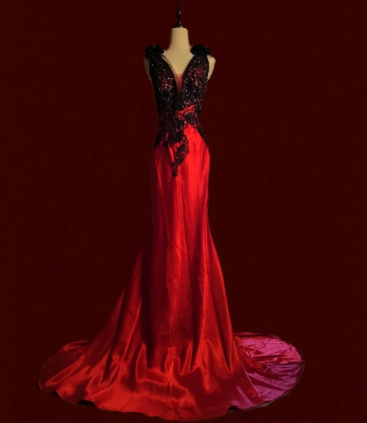 Ornate V Neck Red Prom Dress Sequins Lace Mermaid Formal Dress GG6908
