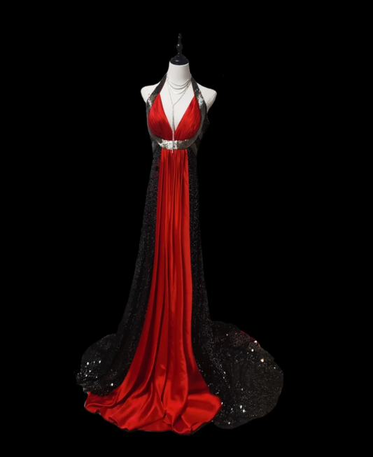 Attractive Halter Neck Black & Red Prom Dress Sequins A-Line Formal Dress GG6910