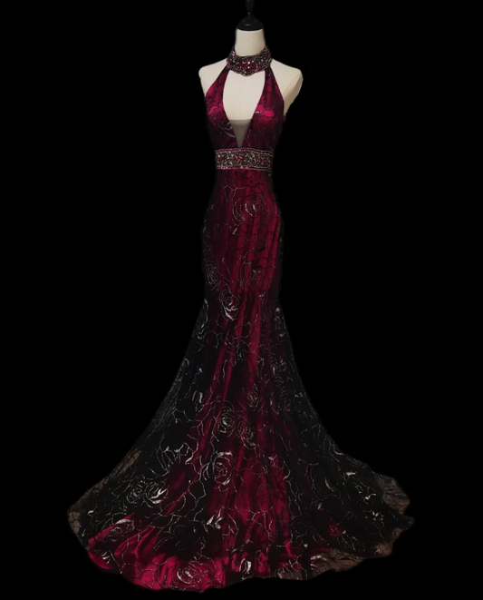 Romantic Halter Neck Purple Prom Dress Sequins Beaded Mermaid Formal Dress GG6911