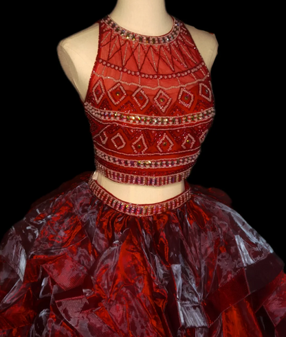 Luxury Jewel Neck Red Prom Dress Beading Two-Piece Ruffles A-Line Formal Dress GG6912