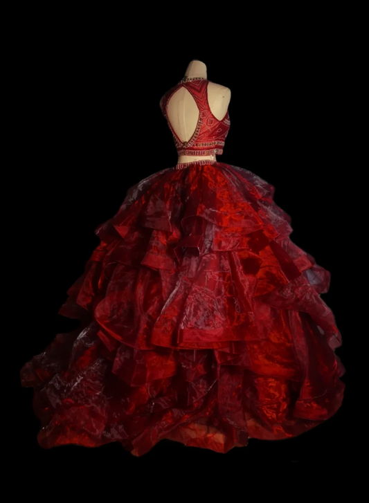 Luxury Jewel Neck Red Prom Dress Beading Two-Piece Ruffles A-Line Formal Dress GG6912