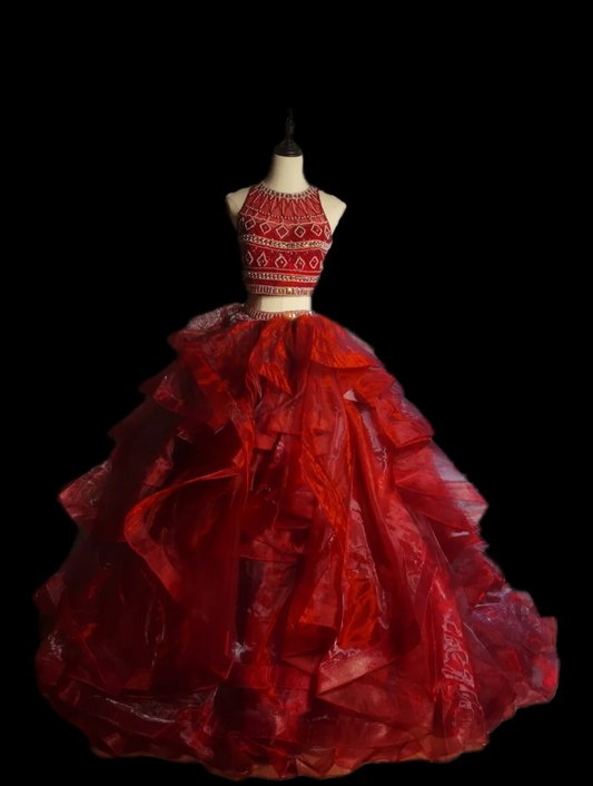 Luxury Jewel Neck Red Prom Dress Beading Two-Piece Ruffles A-Line Formal Dress GG6912
