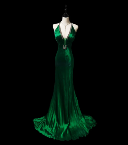 Unique Halter Neck Green Prom Dress Beaded Mermaid Formal Dress GG6913