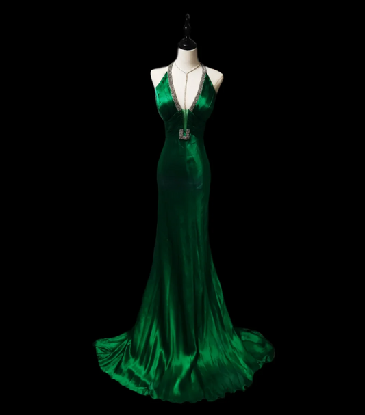 Unique Halter Neck Green Prom Dress Beaded Mermaid Formal Dress GG6913