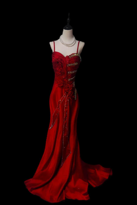 Unique Spaghetti Straps Red Prom Dress Rhinestones 3D Floral Mermaid Formal Dress GG6914
