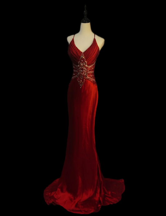 Elegant Spaghetti Straps Red Prom Dress Beading Mermaid Formal Dress GG6915