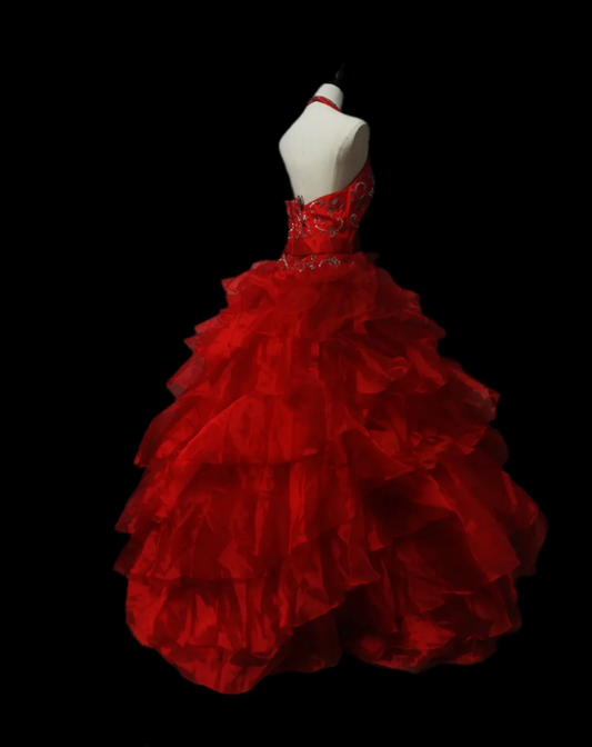 Chic Halter Neck Red Prom Dress Sequins Ruffles A-Line Formal Dress GG6916