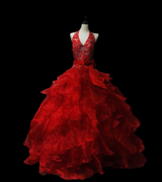 Chic Halter Neck Red Prom Dress Sequins Ruffles A-Line Formal Dress GG6916
