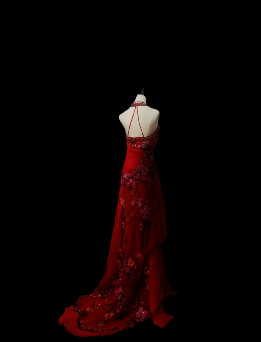 Enchanting Halter Neck Red Prom Dress Appliques Sequins A-Line Formal Dress GG6917