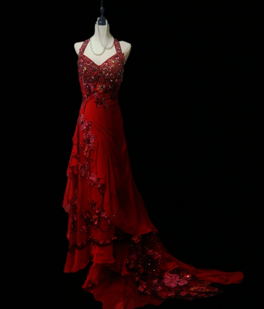 Enchanting Halter Neck Red Prom Dress Appliques Sequins A-Line Formal Dress GG6917