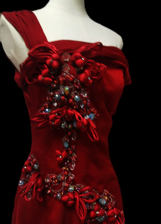 Glam One Shoulder Red Prom Dress Rhinestones Sequins Slit A-Line Formal Dress GG6919