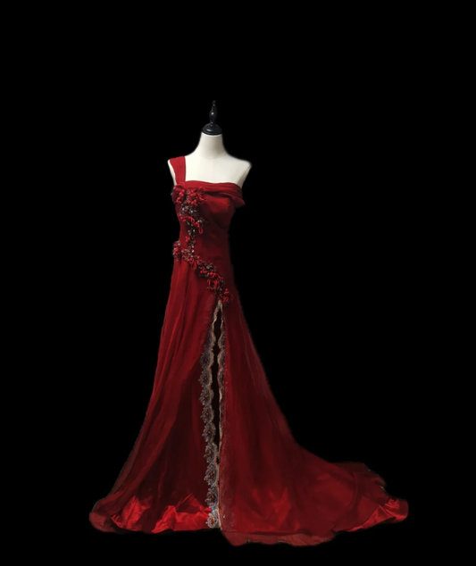 Glam One Shoulder Red Prom Dress Rhinestones Sequins Slit A-Line Formal Dress GG6919