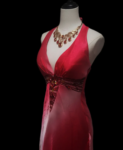 Trendy Halter Neck Red Prom Dress Rhinestones Sequins Mermaid Formal Dress GG6920