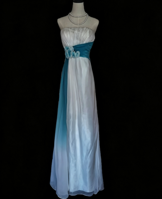Playful Strapless Blue & White Prom Dress Floral A-Line Formal Dress GG6921