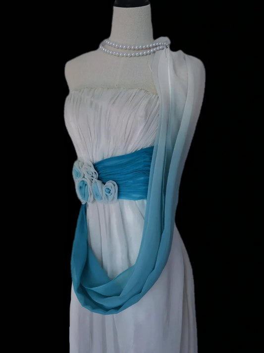 Playful Strapless Blue & White Prom Dress Floral A-Line Formal Dress GG6921