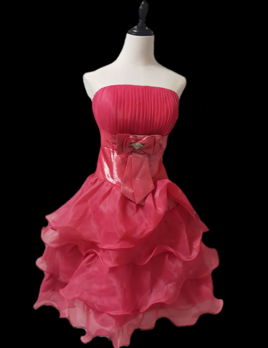 Sweet Strapless Pink Homecoming Dress Bow Ruffled A-Line Birthday Dress GG6922