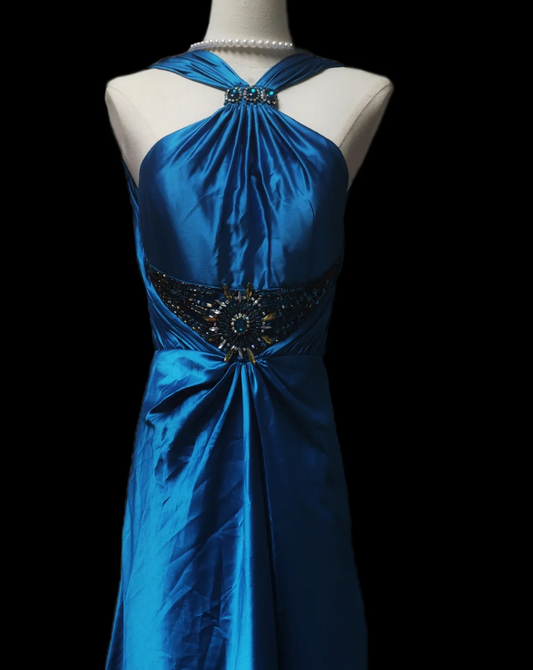 Romantic Halter Neck Blue Prom Dress Beaded Mermaid Formal Dress GG6923