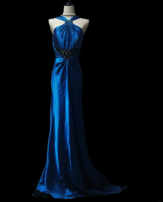 Romantic Halter Neck Blue Prom Dress Beaded Mermaid Formal Dress GG6923