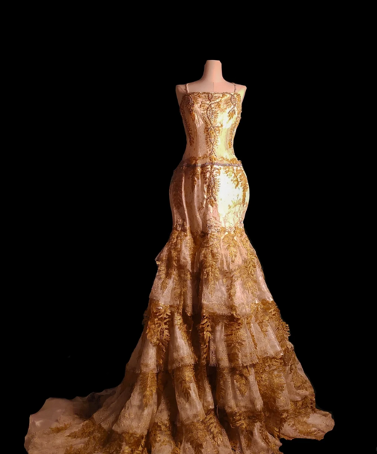 Lovely Spaghetti Straps Applique Prom Dress Lace Mermaid Formal Dress GG6924